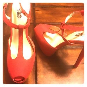 Charlotte Russe red t-strap heel with peep toe